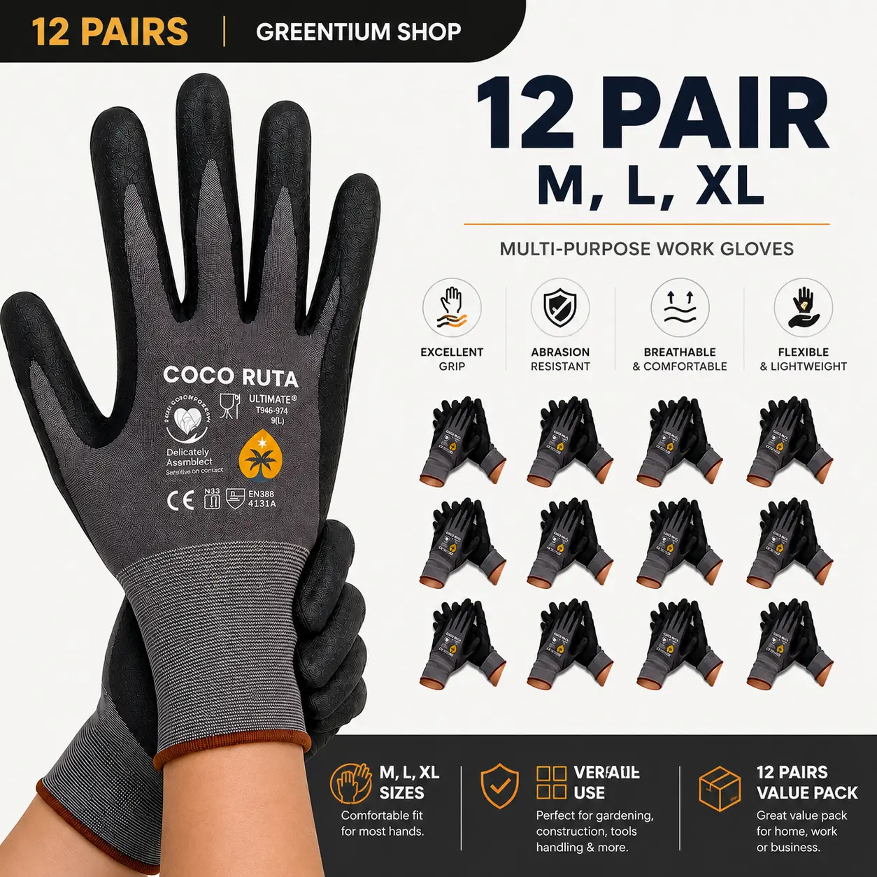 12 Pares Guantes Para Trabajo - Coco Ruta Maxi Flex Foam Work For Men - Enhanced Grip Maxi Flex Nitrile Gloves Coated