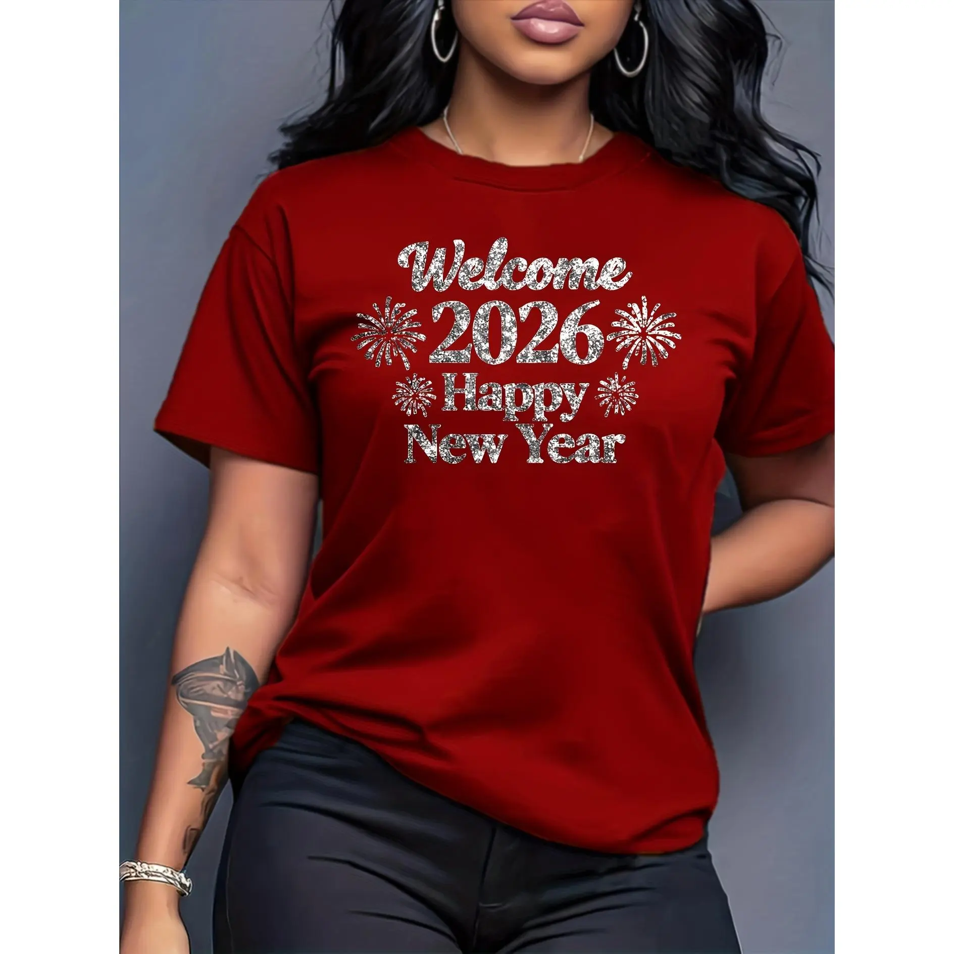 Women's Oversized Graphic T-Shirt, 'Goodbye 2025 Hello 2026' Faux Sequin Print, Soft Cotton Short Sleeve Casual New Year's Eve Top, Tops, Shortsleeve, Basic, Fabric, Smooth, Fit, Printed, Tee, Tshirt, Oversized Cut, Asymmetrical, Smooth Surface, Christmas