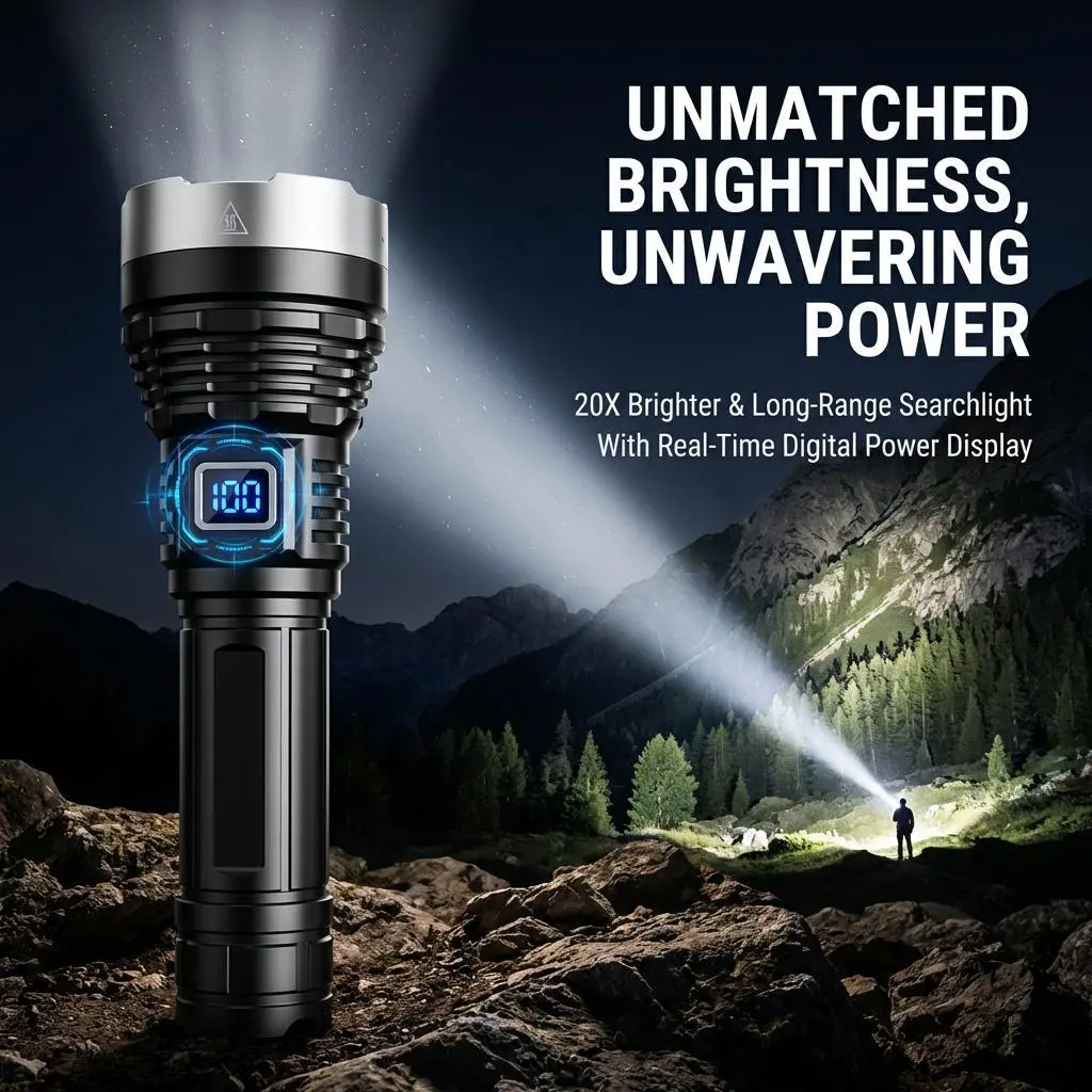 EXOVAN 2-in-1 Strong Flashlight (Power Bank)，Digital display of power, Rechargeable，Zoomable, , X4Waterproof, Adjustable Brightness Flash Light for Outdoor, Emergency, Camping Accessories，Black