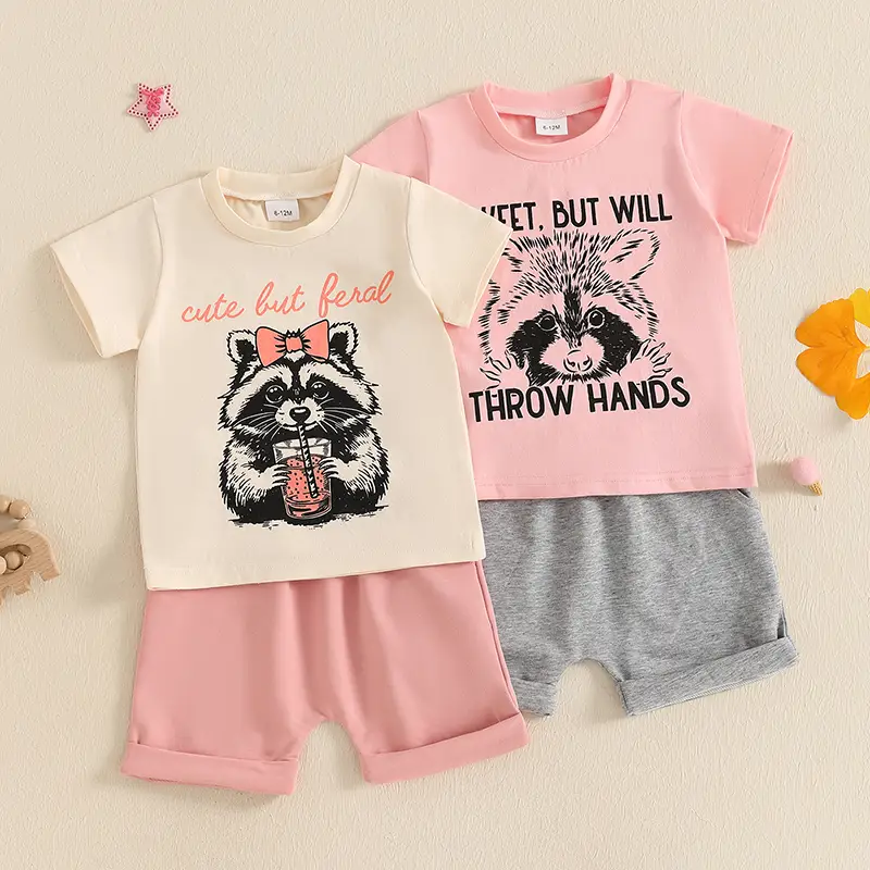Toddler Girls Summer Outfit Raccoon Letter Print Short Sleeves T-Shirt and Elastic Shorts Set Cute 2 Piece Clothes