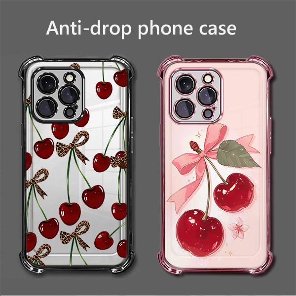 Cherry leopard print bow pattern four-corner shockproof transparent electroplated protective phone case for iPhone 17 Pro Max 16 15 14 Plus 13 12 11 XR XS Air,Simple and stylish camera Protection DurablePhone Case