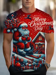 Santa Claus Print Short Sleeve T-Shirt, Unisex Casual Fitted Top, Holiday Party Wear, Christmas Gift, Graphic Design, All Season