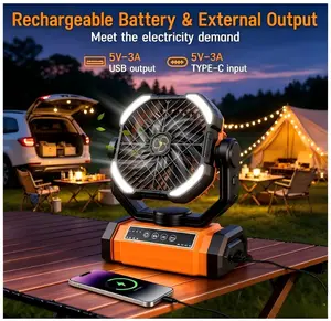 Portable Rechargeable Camping Fan, High Capacity Battery Cooling Fan, 270° Rotatable Wireless Fan with Built-in LED Lamp, 4 Wind Speed Cordless Fan with Hanging Hook for Tents, Beach and Outdoor Use