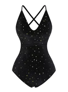 Black 1960s Velvet Back Cross Straps Swimsuit