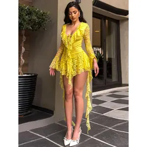 Women's Fashion Y2K Lace Bow Tie Flounce Sleeve Dress, Trendy Comfortable Fitted Long Sleeve, Stylish Ladies' Clothing