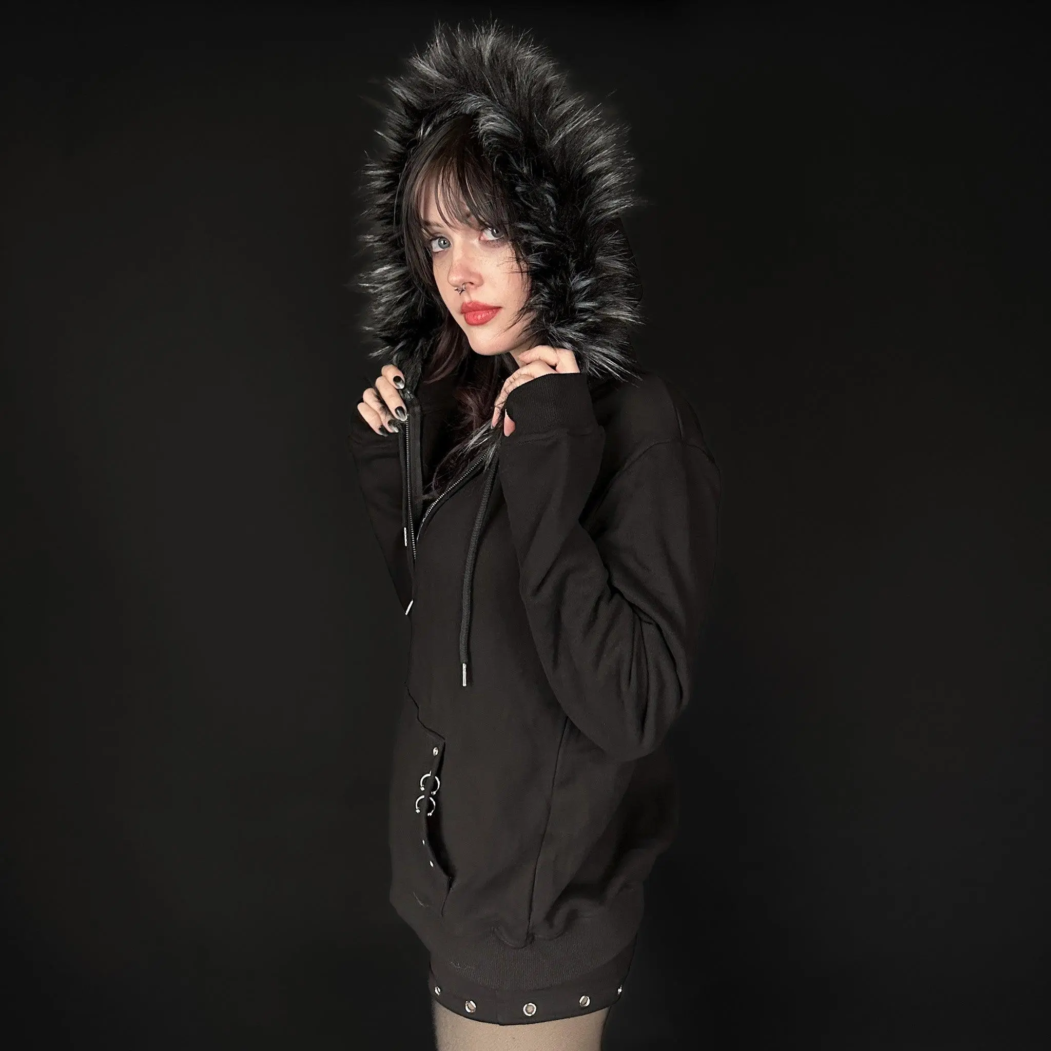 Double Zip Grommet Fur Hoodie 100% Cotton by Wicked Misfit Double Zip Grommet Fur Hoodie 100% Cotton by Wicked Misfit