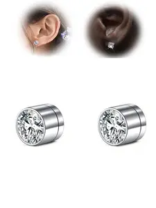 1pair Funky Stainless Steel Cubic Zirconia Ear Cuff For Men For Daily Decoration, Sparkling Zirconia Casual Clip On Ear Non Piercing Ear Studs Fake Earrings Studs Sliver Black Earrings Studs Fake Piercing Body Jewelry For Men Women, Magnetic Earrings