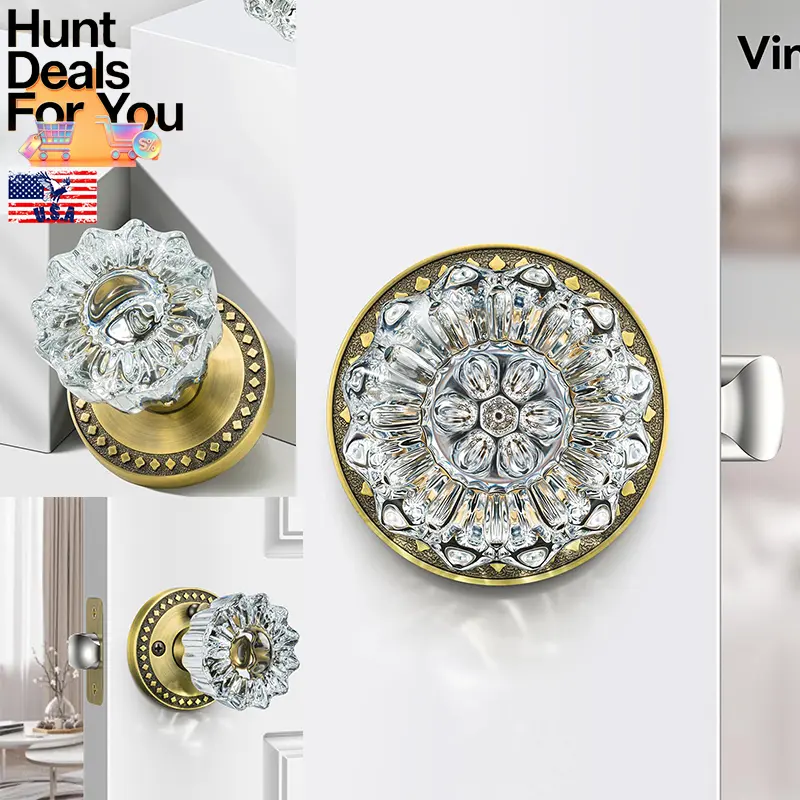 Glass Door Knobs Antique Brass Interior 1 Pack Plum-flower Privacy Crystal with Lock Zinc Alloy Glass Doorknob for Bedroom Bathroom Vintage Antique
