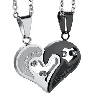 CASSIECA Couple Necklace Stainless Steel Mens Womens Matching Couple Necklace Pendant Love Heart CZ Puzzle Couples Jewelry Set
