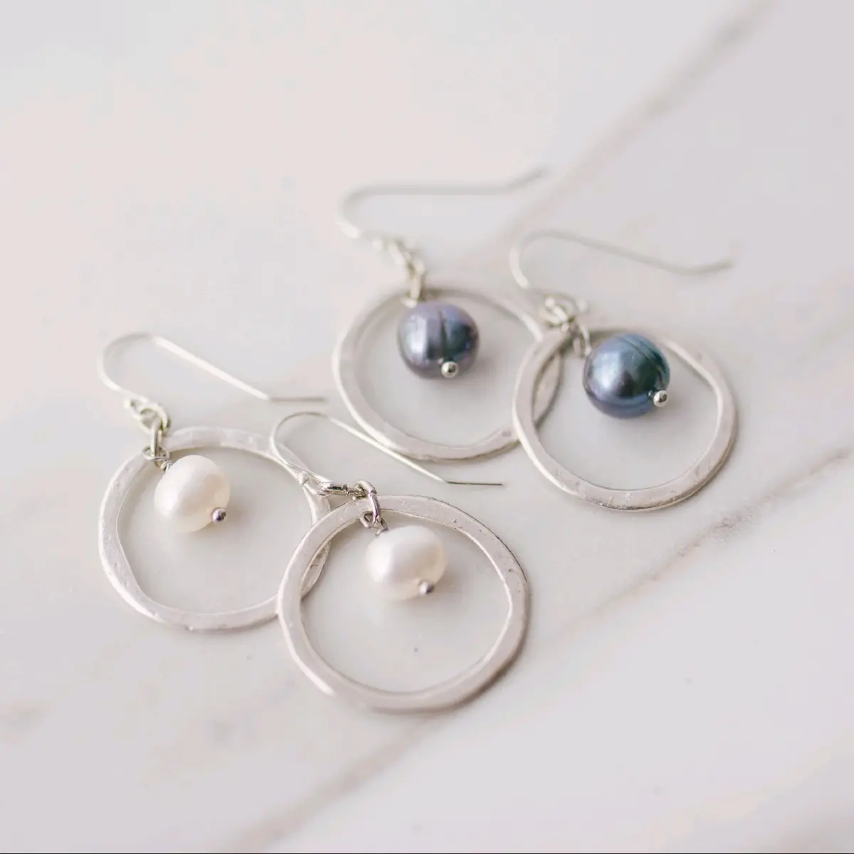 Silver Hammered hoop, Freshwater pearl earrings,