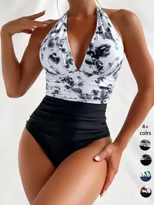 Women's Tie Dye Print One Piece Swimsuit, Casual Sleeveless Swimwear, Tie Back High Waist Swimsuit for Summer Beach Holiday