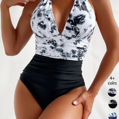 Women's High-Waist Tie-Dye One-Piece Swimsuit, Fitted Lace-Up Design, Wireless Bra, Sexy Beachwear, Summer Swimsuit for All Seasons, Sleeveless Swimsuit, Bathing Suits