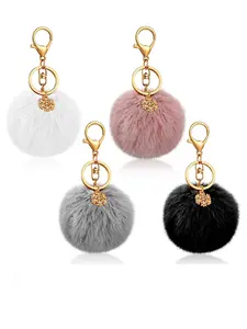 Yaomiao 4 Pcs 3 Inch Round Pom Pom Keychains, Faux Fur Pompom Ball Keychains, Fuzzy Keychain Accessories for Women, Cute Keychain Accessory, Snowflake Design