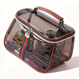 New Retro Vintage Vanity Bag, Large Capacity Makeup Organizer for Women, Waterproof Transparent Toiletry Bag, Portable Skincare Storage Case, Travel Cosmetic Bag for Ladies (Brown)