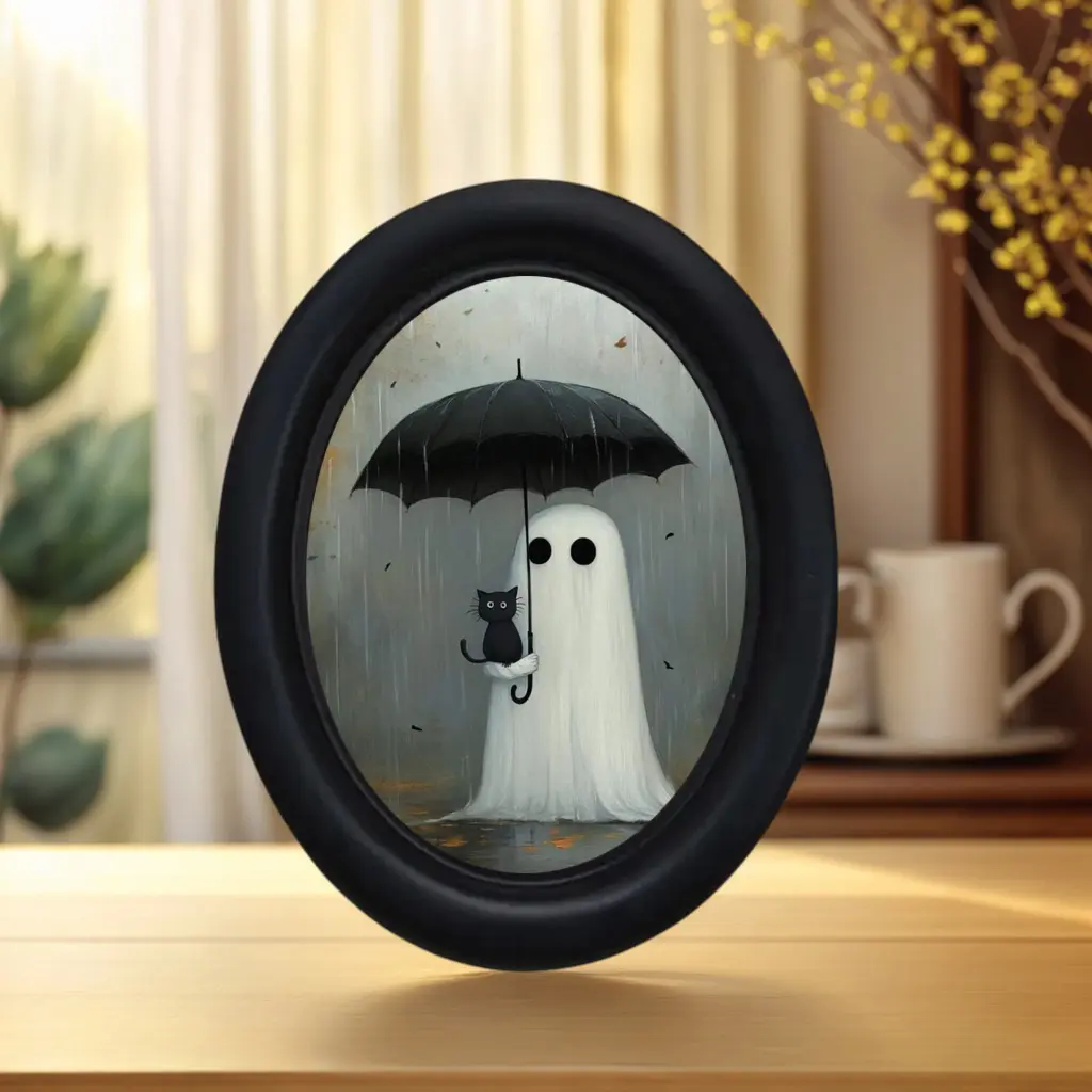 Vintage Halloween Ghost Holding Cat Wall Art, Artwork, Handmade Oval Wooden Decoration, 5.25x4.16 Inches, Perfect for Holiday Decorations, Indoor Decoration, Decoration Items