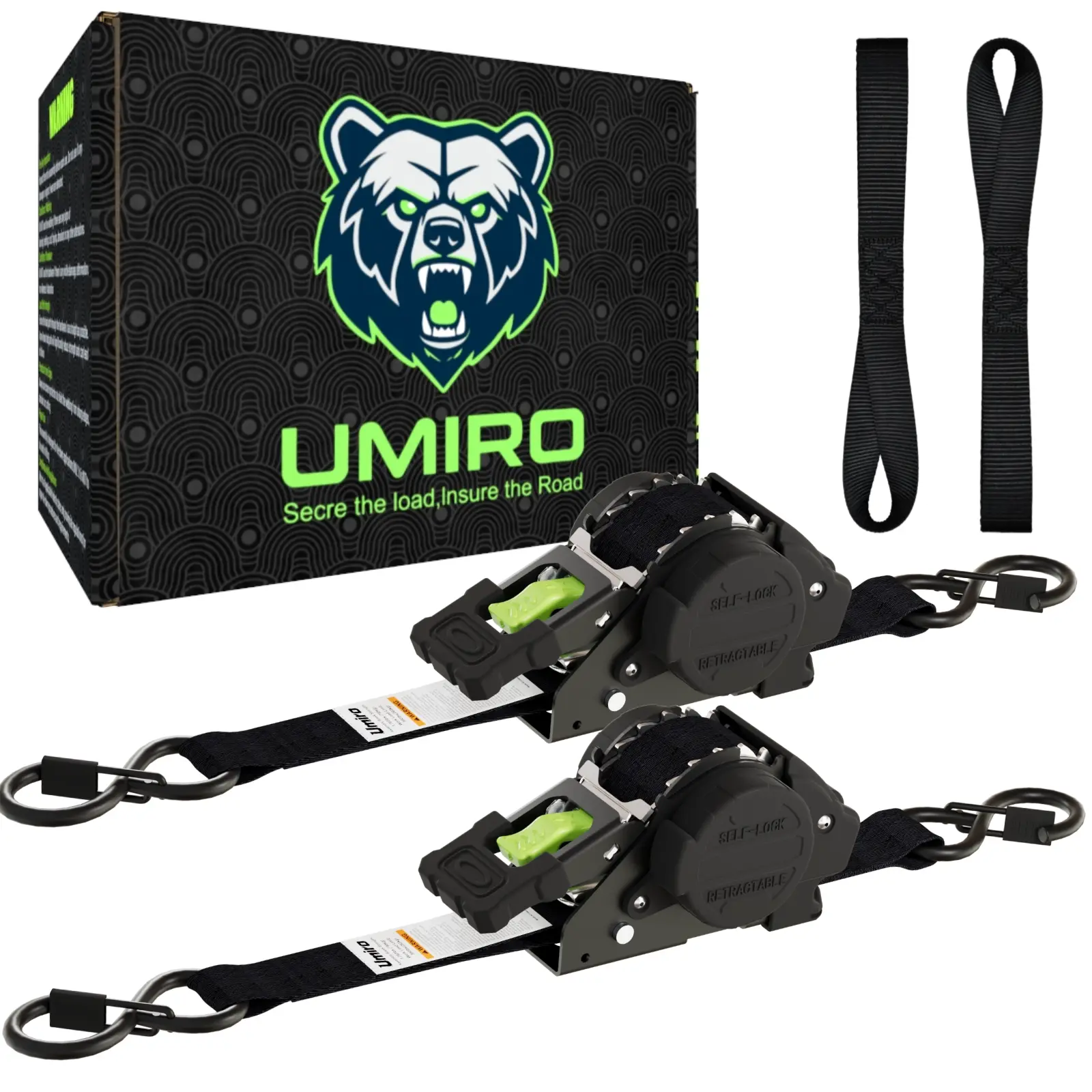 Retractable Ratchet Straps 1 Inch x 12 Feet Heavy Duty Tie Downs Auto Retract Ratchet Strap 1760lb Break Strength Self Retracting for Truck,Cargo,Trailer,Motorcycle,ATV,UTV (Black-Green,2 Pack)