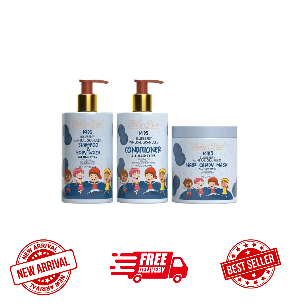 BABY HAIR Kids Vegan Haircare Set - 3-Piece Kit with Nourishing Blueberry Shampoo & Body Care Cleanser, Conditioner & Hair Mask - Alcohol-Free, Berry Scent, Nourishing Conditioner