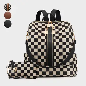 Checkerboard Pattern Backpack Set, Women'S Vintage Trendy Casual Large Capacity Zipper Travel Backpack & Wristlet, Multifunctional Bag Set For Daily Use，checkerbag，purses,monbag,workbag,shoulderbag,Free Gift