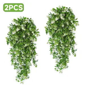 2 Packs Artificial Hanging Flowers for Outdoors Decoration Fake Hanging Plants Faux White Flowers Artificial UV Resistant Plastic Greenery Vines Ivy for Outdoor Indoor Garden Party Decor（White）