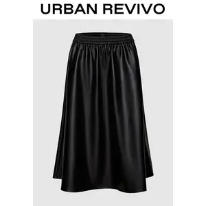 URBAN REVIVO Women's Elegant A-Line Midi Skirt - Smocked, Comfortable, Easy-Wear Pull-On Chic Casual Classy Feminine Bottom, UWG550111, Midi Skirts