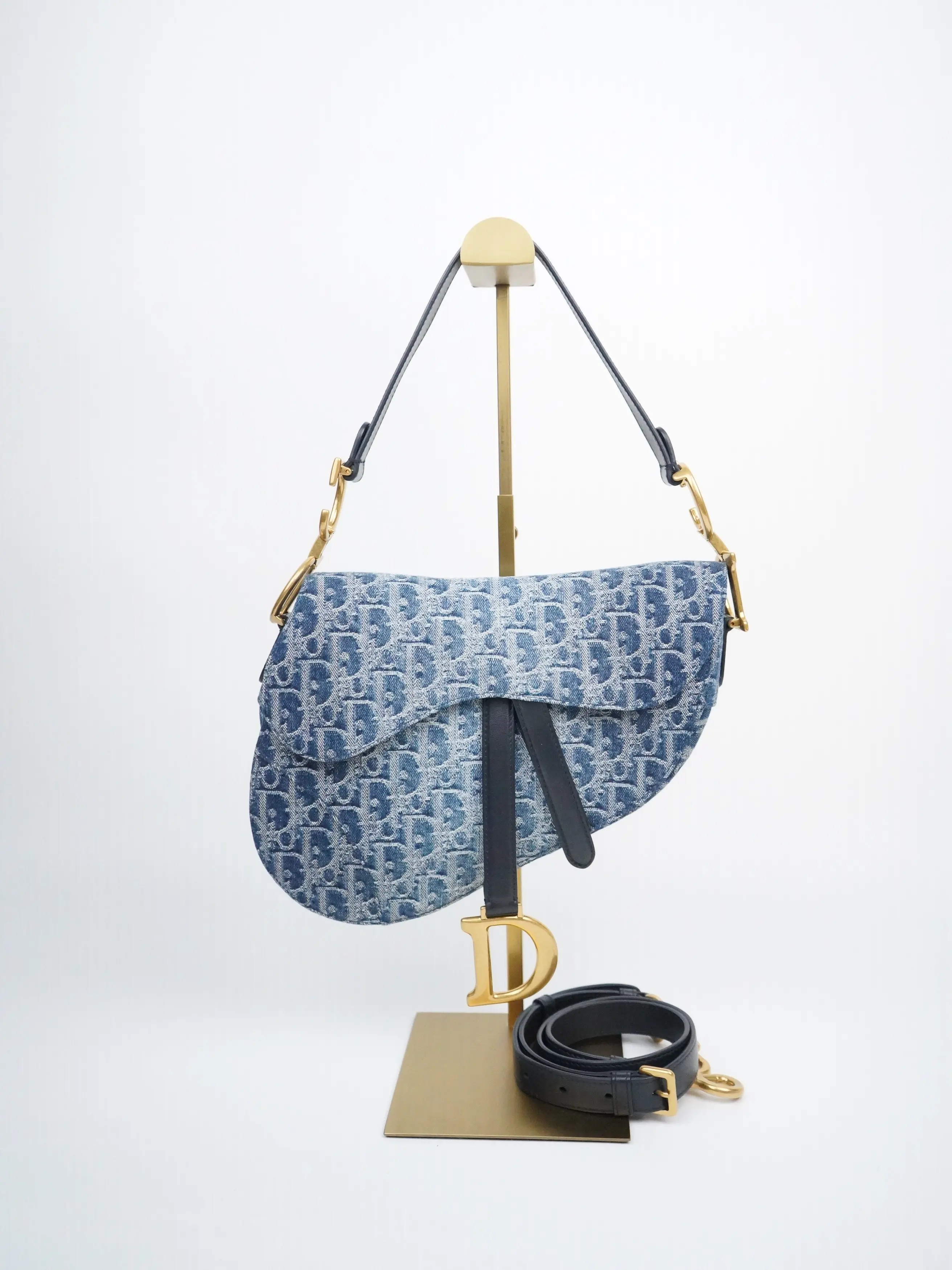 Pre-owned Dior denim Crossbody Bags Christian Oblique Jacquard Saddle Bag Blue
