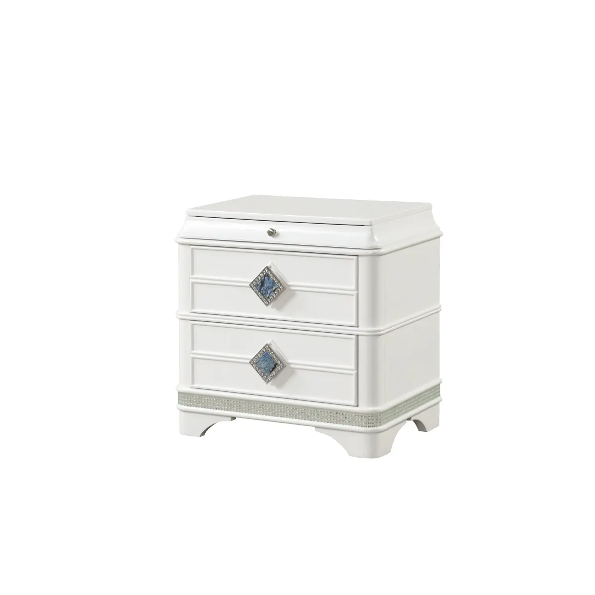 White Nightstand with 2 Drawers – Contemporary, Decorated Flat-Top Modern Wood Bedside Table with Hidden Jewelry Drawer, Crystal Accents, Glam Small Bedroom Furniture, Cute Home Gift, Contemporary Bedside Tables, Decorated Bedside Tables