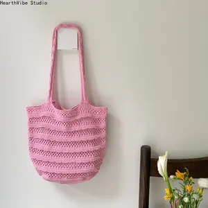 Boho Crochet Shoulder Tote Bag for Women, Trending Handmade Knit Beach Handbag, Lightweight Large Capacity Woven Carryall, Relaxed Vacation Travel Shopping Summer Everyday Chic Bag