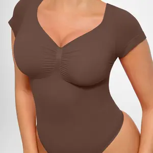 FeelinGirl Women's Short Sleeve Bodysuit for Tummy Control V Neck Seamless Body Suits Thong Going Out Tops SpringStatements