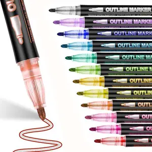 Outline Glitter Marker Pen, 12pcs/set Metallic Shimmer Pen, Fine Tip Markers, Art Crafts Supplies for Drawing, Writing, Journaling, Gifts, Glitter Paint Pens
