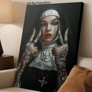 [2D Flat] 1pc Gothic Nun Tattooed Religious Art Poster - Frameless Canvas Print Wall Decor with Tattooed Nun & Tattooed Hands, & Tattoo Design for Living Room, Bedroom, Halloween, Gothic Home Decor, Gothic Room Decor, Gothic Bedroom Decor