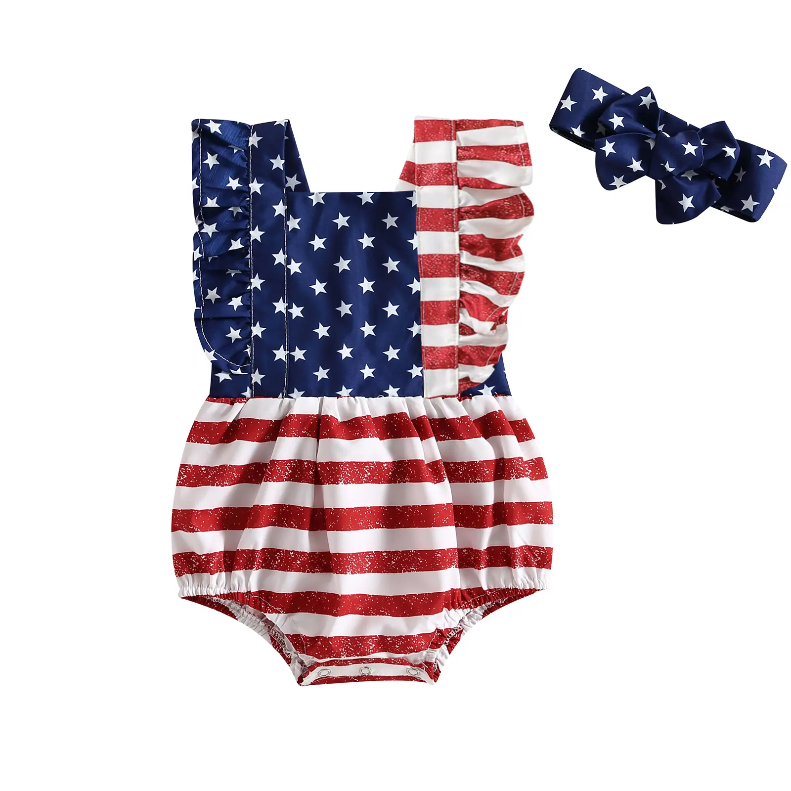 Baby Girl 4th of July Rompers Set - Sleeveless Backless Ruffle Onesies with Headband, 3-Day Delivery Last Minute Gift, Sleeveless Onesies