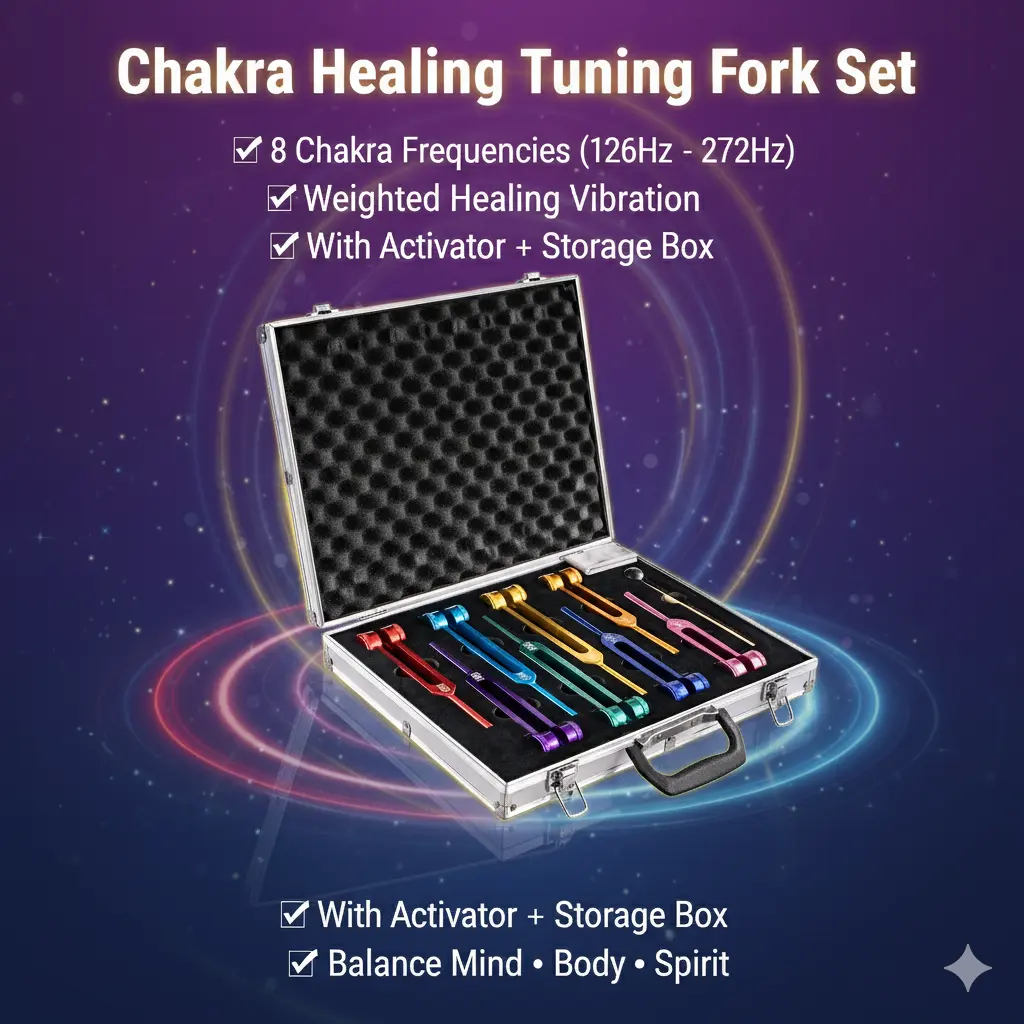 8-Piece Weighted Metal Chakra Tuning Fork Healing Set - 8-Chakra Frequencies, Activator, Durable Aluminum Storage Box, Rubber Mallet, Cleaning Cloth - For Energy Healing, Meditation - Ideal for Graduation, Birthday, Father's Day Gifts