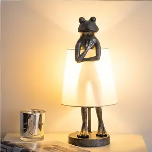 Frog Table Lamp - Golden or Vintage Grey, Art Deco Style with White Shade, Perfect for Bedroom, Study, Dining, or Living Room Ambiance Lighting, Frog Decor