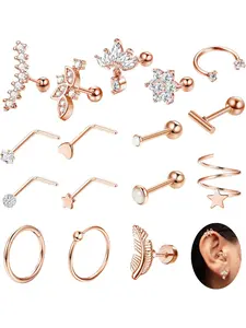 16Pcs 16G 18G Stainless Steel Cartilage Earrings Hoop Studs for Women Helix Earring Hoop Rook Daith Conch Tragus Earrings 20g L Shaped Nose Rings Cubic Zirconia Stud Piercing Jewelry Rose Gold