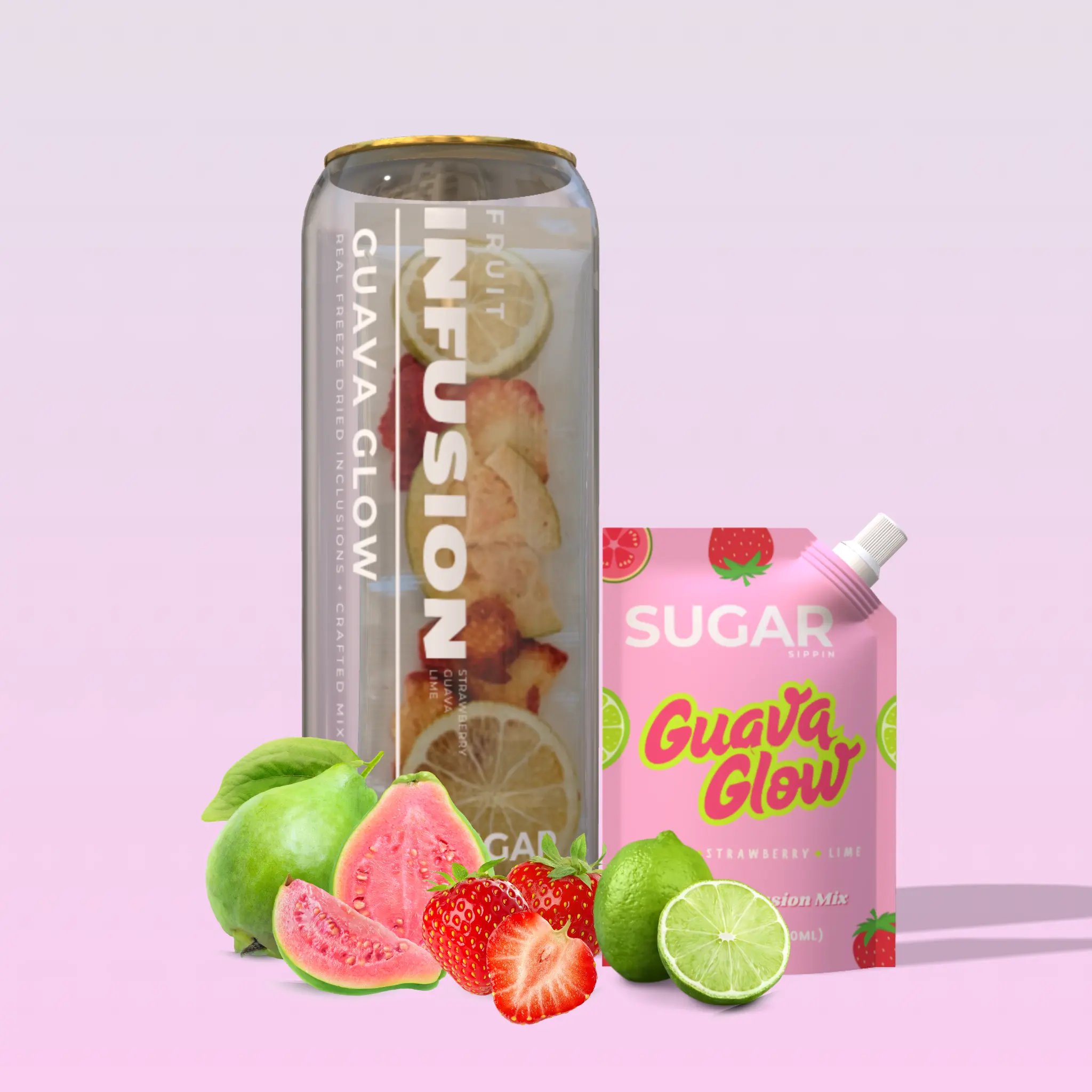 Guava Glow – Drink Kit with Premium Strawberry, Guava & Lime Fruit Syrup Mix + Freeze Dried Fruits + Reusable Can (500ml)