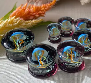 PAIR of Unique Glow in the Dark Floating Multi Color Jellyfish Glass Double Flare Plugs -Gauges 0g (8mm) through 3/4" (19mm)