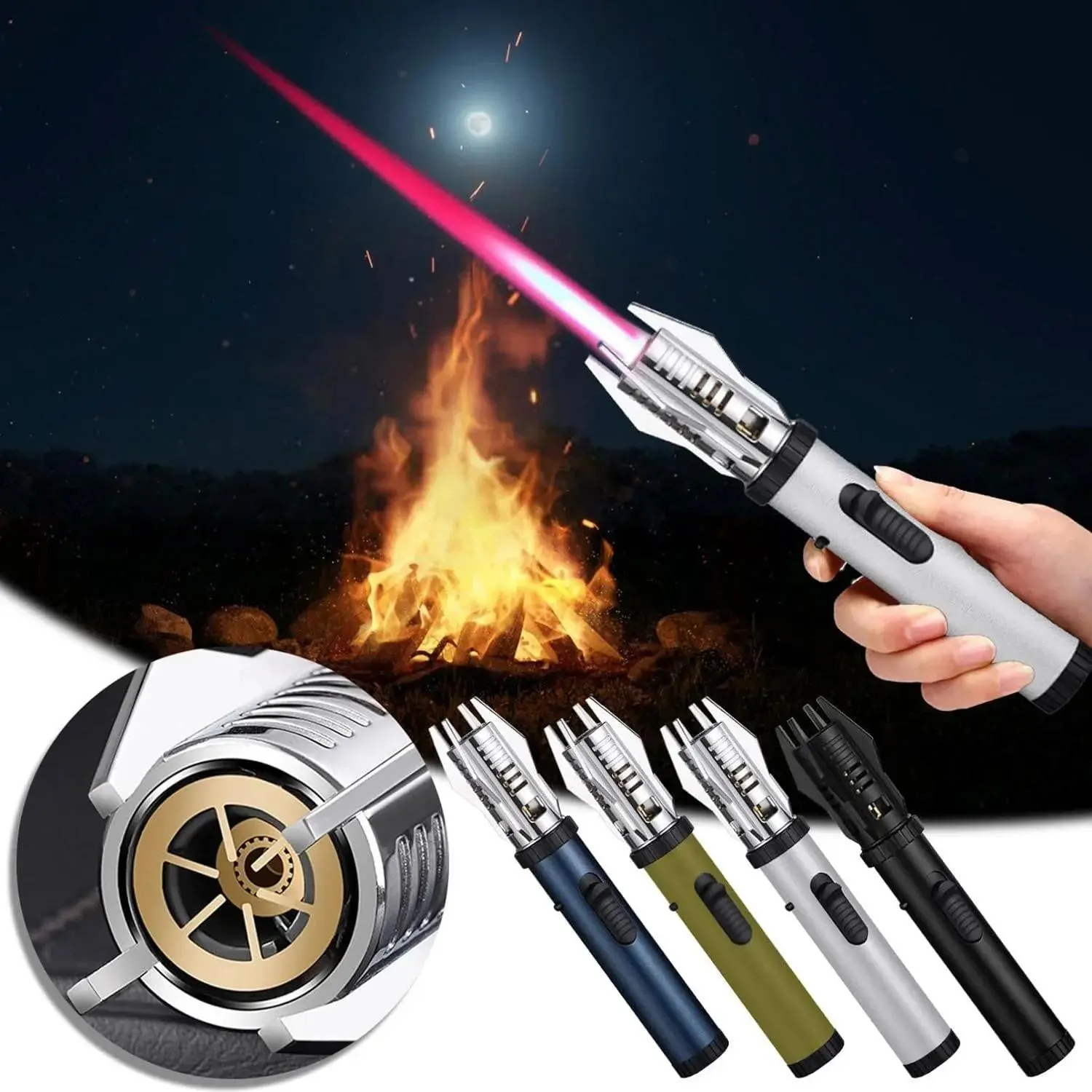 Lightsaber Lighter, 360° Use, Outdoor Windproof High Power Turbine Inflatable Flashlight Lighter with Safety Lock, Adjustable Flame Size, Suitable for Camping BBQ Grill, Red Jet Flame (No Butane Gas)