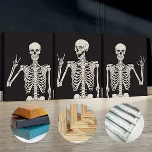 3Pcs Wooden Framed Canvas Painting, Interesting And Adorable Halloween Skeletons, Exquisite Poster, Home Decoration, Pattern Wall Art Decor, For Living Room, Bedroom, Office, Restaurant, Bar Wall Decor, Waterproof, Odorless, Painting, Print Artwork.