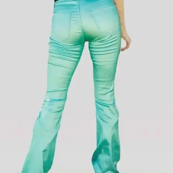 Shimmer Me Bell Bottoms - Women's Flared Button Trouser in Turquoise - Comfort Metallic