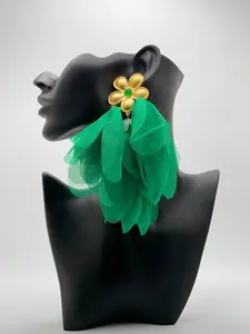 Soft Swirl Green Fabric Drop Earrings with Gold Flower Accent Ruffled Design for Women Casual Wear