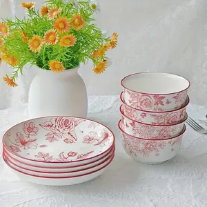 Chinese Ceramic Dinnerware Set with Roses, Includes Plates & Bowls, Microwave & Oven Safe, Ideal for Christmas, Festivals, Weddings, Ceramic Dish Set