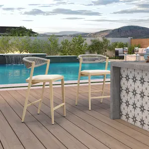 PURPLE LEAF Outdoor Counter Height Bar Stools Set of 2 Patio Boho Wicker Bar Chairs Aluminum Barstools with Back and Cushions for Garden