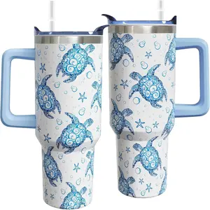 40 oz Sea Turtle Cup Tumbler with Handle Lid and Straw, Sea Turtle Gifts for Women, Cute Tumblers for Women(Blue White)