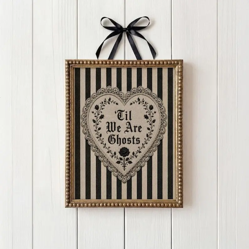 Til We Are Ghosts Printable Wall Art, Cottage Goth Decor, Dark Romance Victorian Lace Heart Print, Vintage Halloween1 - [No Frame]