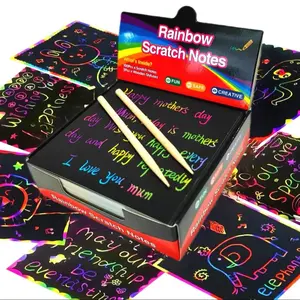 Rainbow Magic Scratch Cards, 100pcs DIY Scratch Cards for Kids' Handicrafts, Fun Creative Note Cards with 2 Wooden Pens, Suitable for Creative Entertainment, Little Stocking Filler, Party Games and Creative Gift Cards
