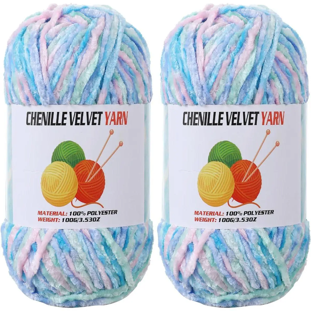 2 * 100g Velvet Chenille Chunky Yarn, Handcrafts Weaving Soft Chenille for Crocheting Clearance, Used for Making Baby Yarn Blanket, Clothes, Knitting Creations (Candy Color)