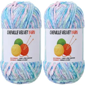 2 * 100g Velvet Chenille Chunky Yarn, Handcrafts Weaving Soft Chenille for Crocheting Clearance, Used for Making Baby Yarn Blanket, Clothes, Knitting Creations (Candy Color)