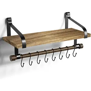 Love-Kankei Floating Shelf Wall Shelf for Storage Rustic Wood Kitchen Spice Rack with Towel Bar and 8 Removable Hooks for Organize Cooking Utensils or Mugs Carbonized Black KANKEI