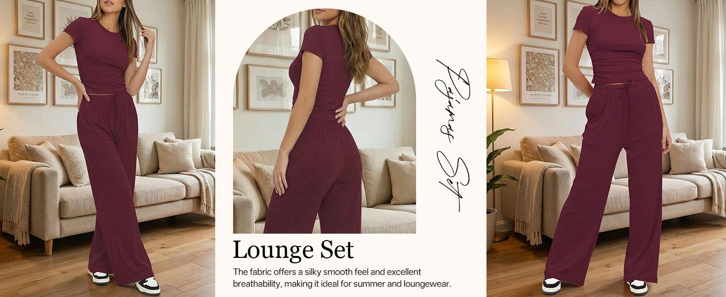 TFNOSIZE Women’s Summer Sports Set – Short-Sleeve Crewneck T-Shirt and Wide-Leg Pants Two-Piece Set, Stretch Fabric, Suitable for Yoga, Casual Wear, Daily Exercise, Fitness, Running, and Fashionable Women’s Clothing Set