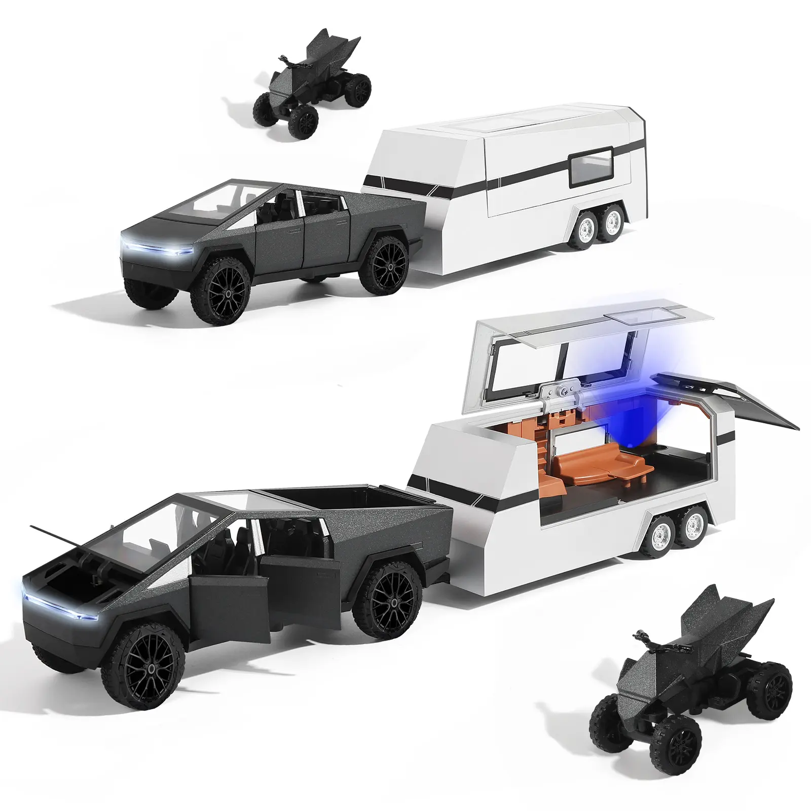 Die-Cast Alloy RV Truck with Mars Pickup Trailer Toy, Collectible Pull-Back Metal Vehicle with Sound & Lights, RV Trailer Pickup Truck Beach Motorcycle Bonus, Futuristic Model Camper Gift for Kids (Black Silver)